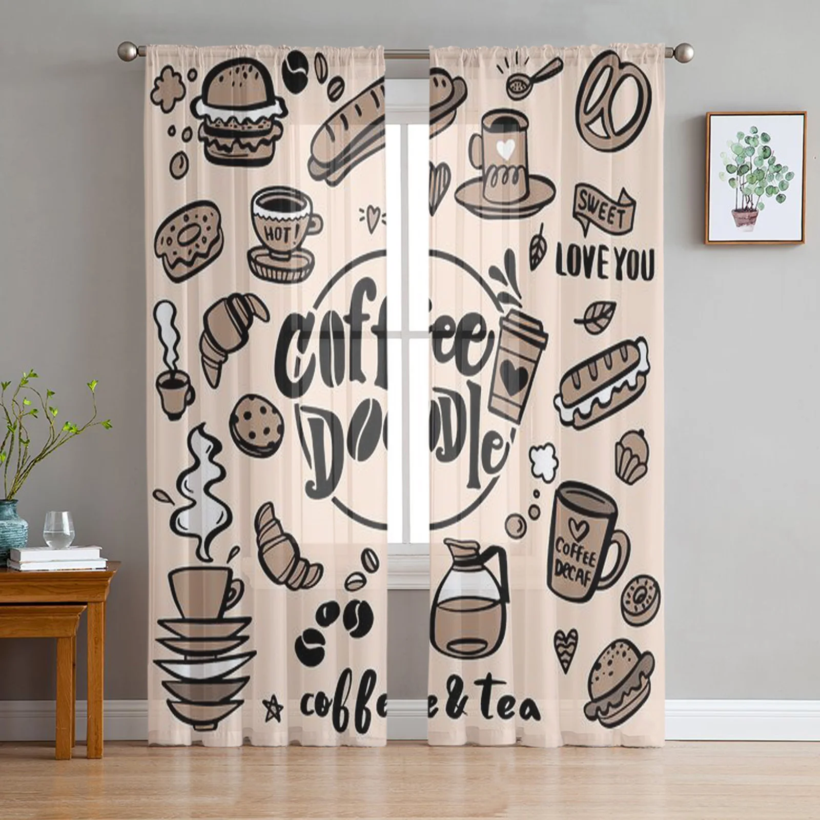 Cute Doodle Coffee Shop Icons Sheer Window Curtains for Living Room Girl Bedroom Tulle Curtains Kitchen Veil Chiffon Drapes