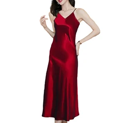 Women Mid Dress Satin Spaghetti Strap V Neck Basic Bottoming Dress Sleeveless Backless High Waist Elegant Lady Summer Dress