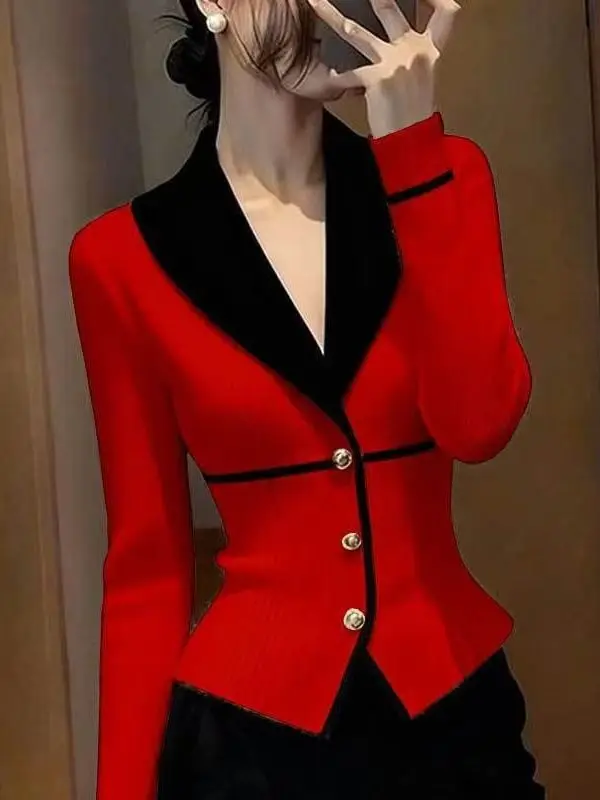 

Красный вязаный свитер с V-образным вырезом, женское облегающее пальто Sle Commute Faion, обычное длинное пальто све, детали на пуговицах