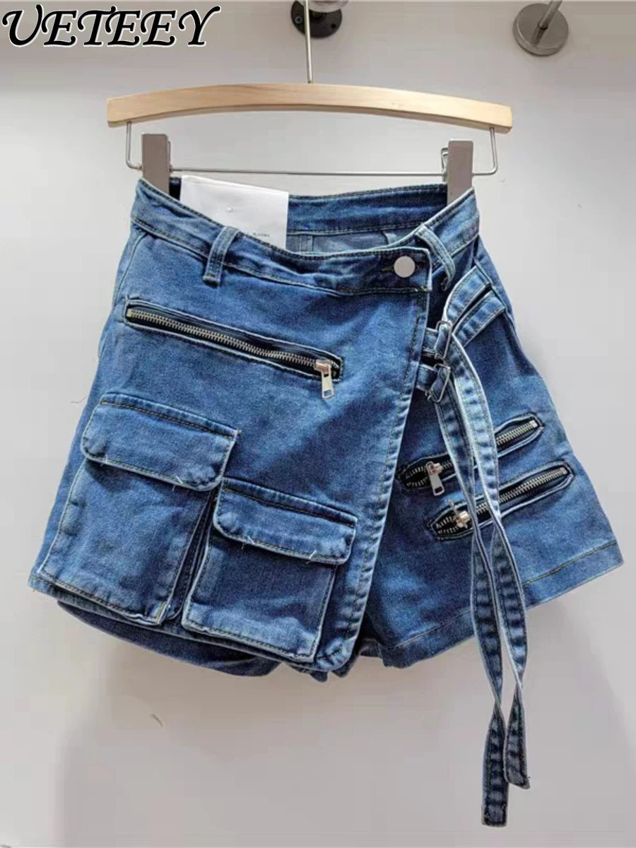 

High Street Irregular Denim Cargo Shorts Women Spring Autumn New A- Line High Waist Loose Slimming Wide Leg Mini Skirt Culotte