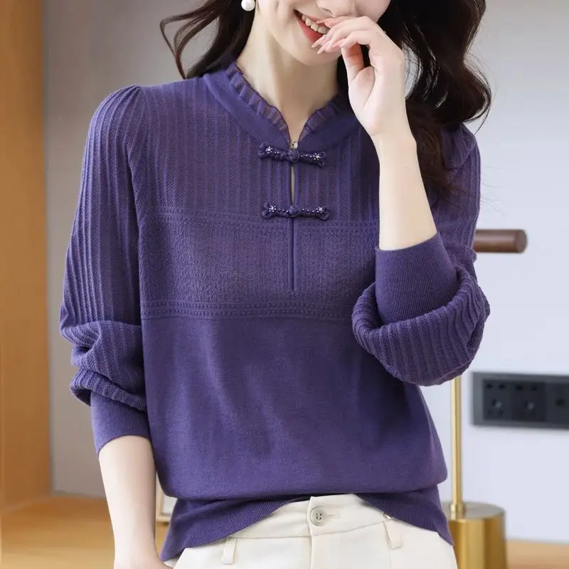 Vintage Solid Color Knitted Blouse Spring Autumn New Stand Collar Female Clothing Spliced Casual Folk Chinese Disc Buckle Shirt