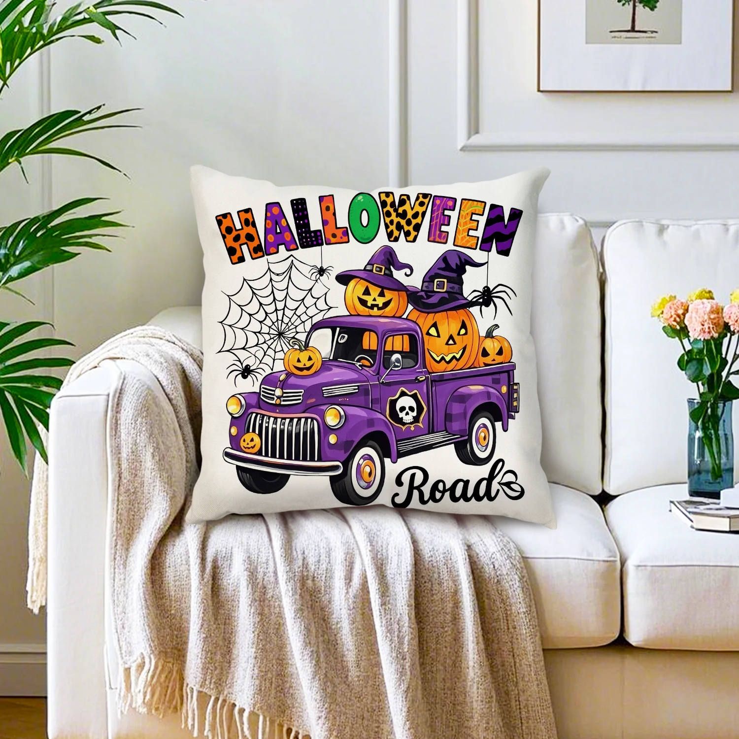 Halloween Pumpkin Truck Pillow Cover Witch Hat Spider Web Jack O Lantern Linen Cushion Spooky Autumn Farmhouse Sofa Porch Decor