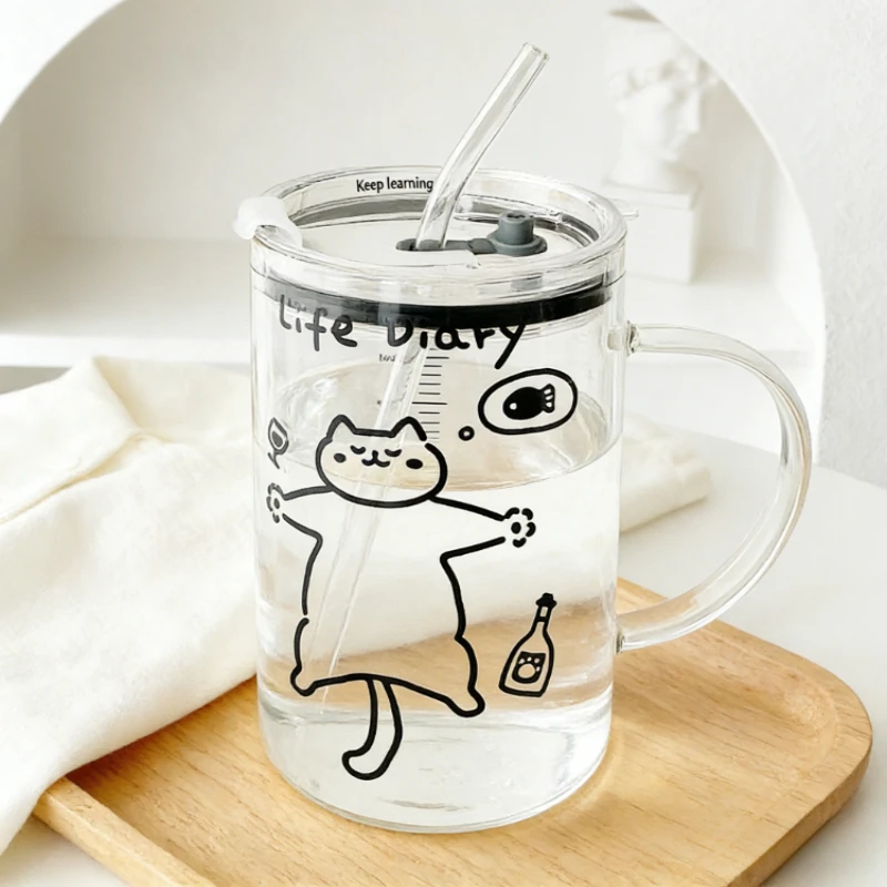Heat Resistant High Borosilicate Glass Water Bottle with Handle Straw Large Capacity Graduated Milk Cup High Beauty Drinking Mug