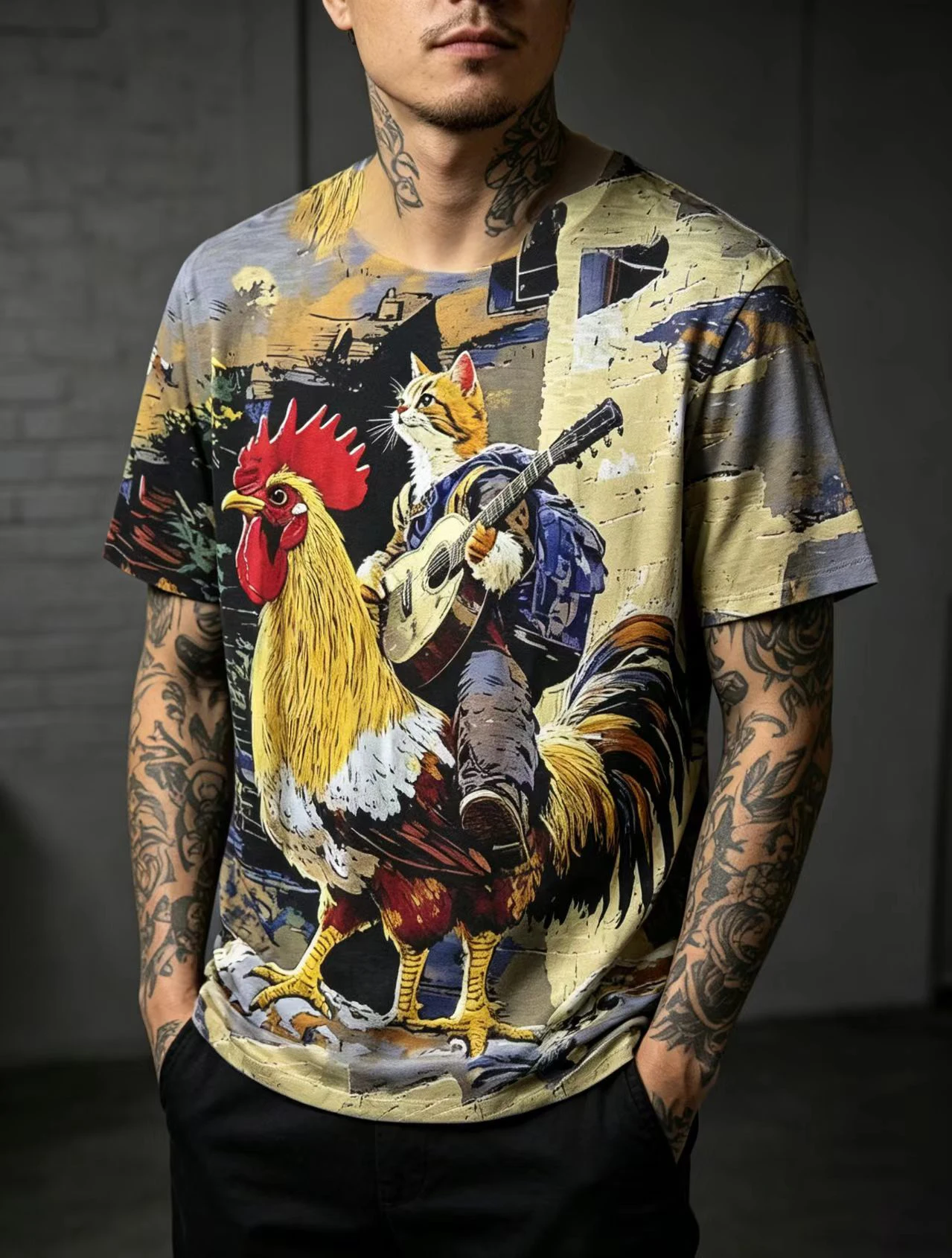 Chinese style cat ink printed short sleeved T-shirt, loose round neck, comfortable summer, needle eye fabric, street trendy top