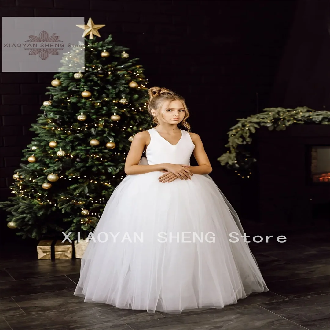 Cross Straps Long White Flower Girl Dresses Bow Tulle Puffy Wedding Party Ball Birthday First Holy Communion Dresses for Girls