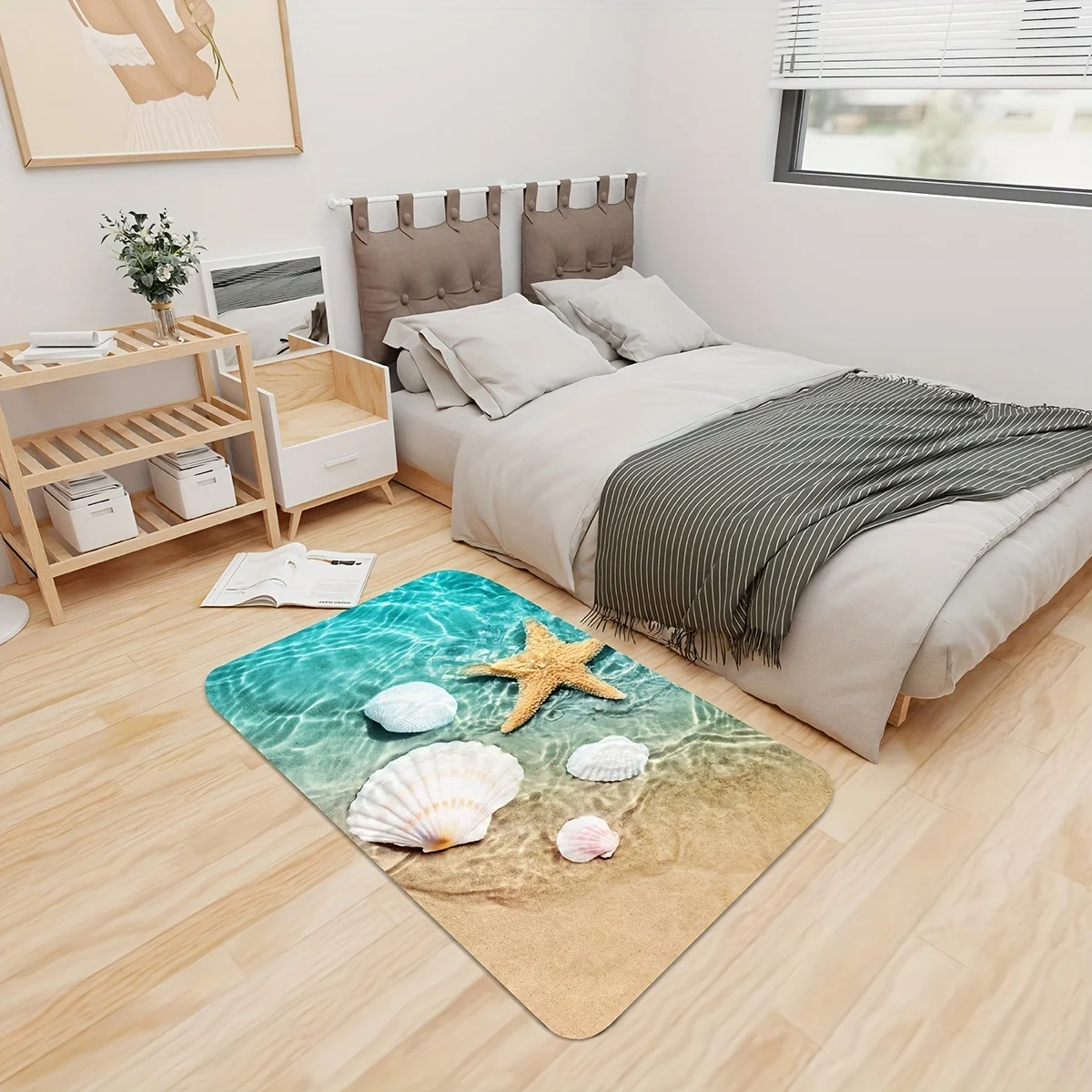 VIKAMA 3D Beach Starfish Seashell Print Non-Slip Bath Mat, Absorbent Floor Rug for Bathroom Home Decor, Home Living Room