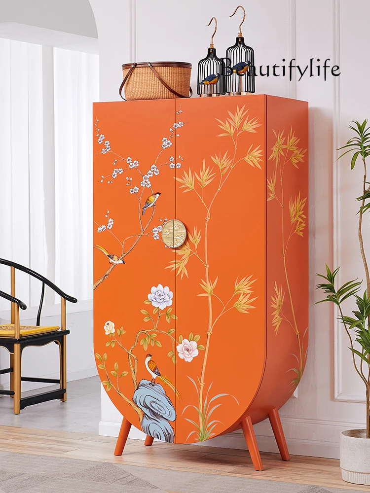 Living Room Decoration Clothes Closet Storage Orange Hand Painted Side Cabinet Solid Wood Double-Door Little Clothes Cabinet