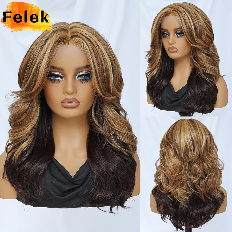 

Curly Layered Wigs With Bangs For Women Body Wave Synthetic Lace Front Wig 18 Inch Ombre Brown Burgundy 13x5 T- Part Lace Wigs