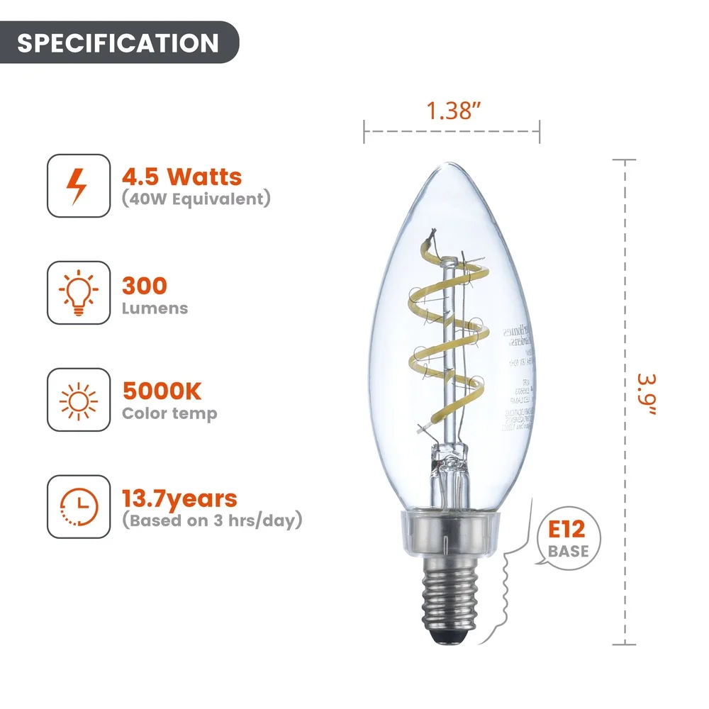 Bombilla de vela LED regulable 4,5 W 40 W equivalente E12 Base de candelabro brillo de luz diurna 300 lúmenes paquete de 4 iluminación para el hogar