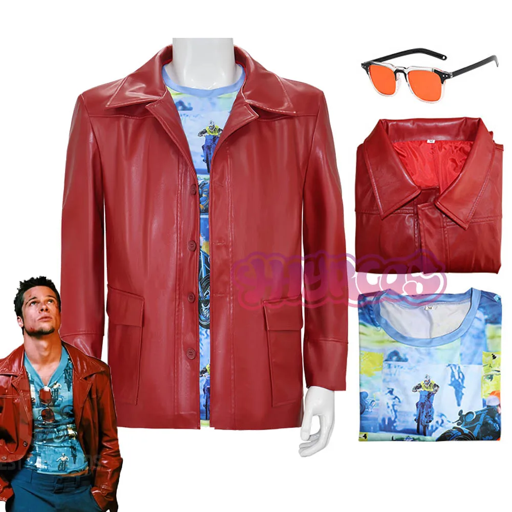 3PCS Tyler Durden Cosplay Costume Brad Biker leather Jacket Red Jacket Shirt Glasse Halloween Party Set Cosplay Accessories Men