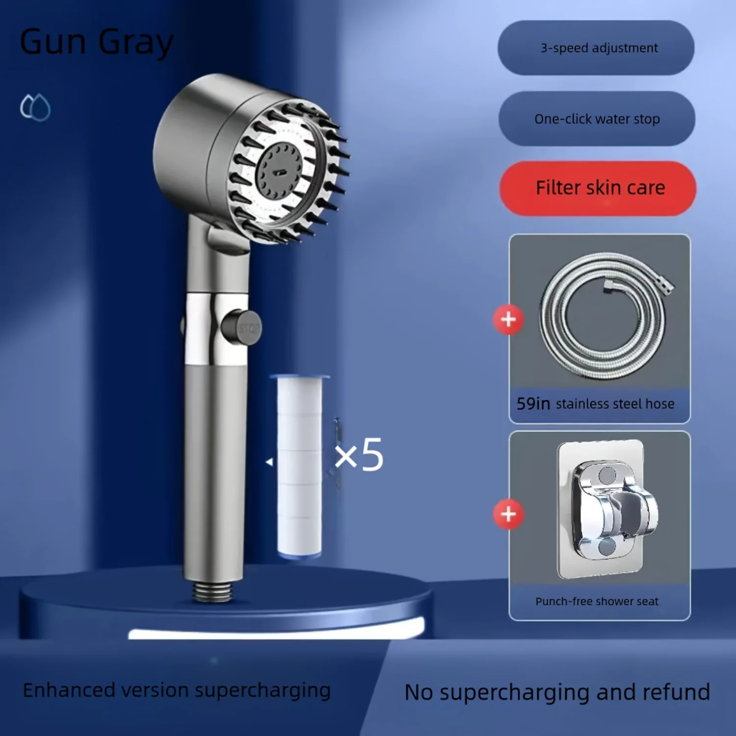 Pressurized Handheld Shower Head, 3 Modes Adjustable Water Output Shower Head, Round Massage Shower Head