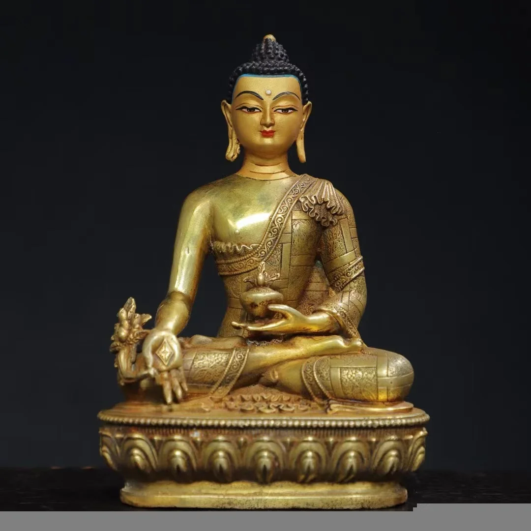 Old Qing Dyansty copper Medicine Guru Buddha statue,Handmade,Hand painting,#02