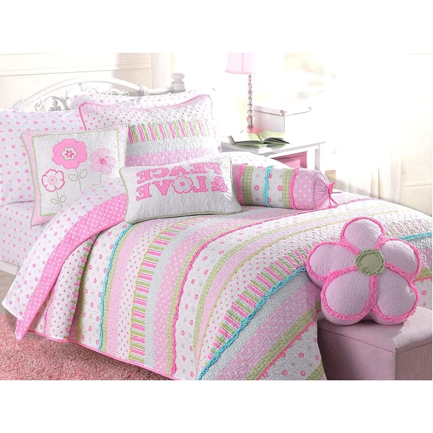 Pink Ruffle Flowers Polka Dot Girl 100% Cotton Reversible Quilt Bedding Set, Coverlet, Bedspread for All Seasons