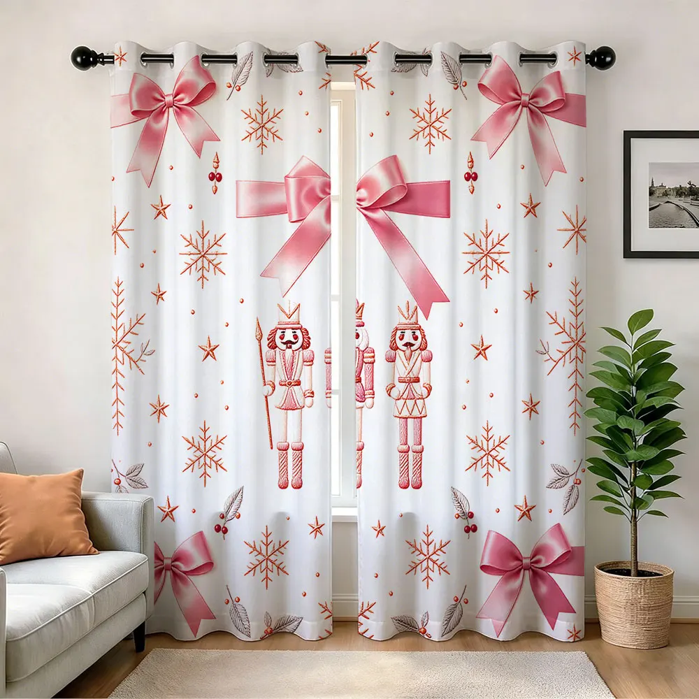 2pcs Pink Nutcracker Snowflake Bow Blackout Curtains Perforated For Double Doors Living Room Bedroom Privacy Protection Styli