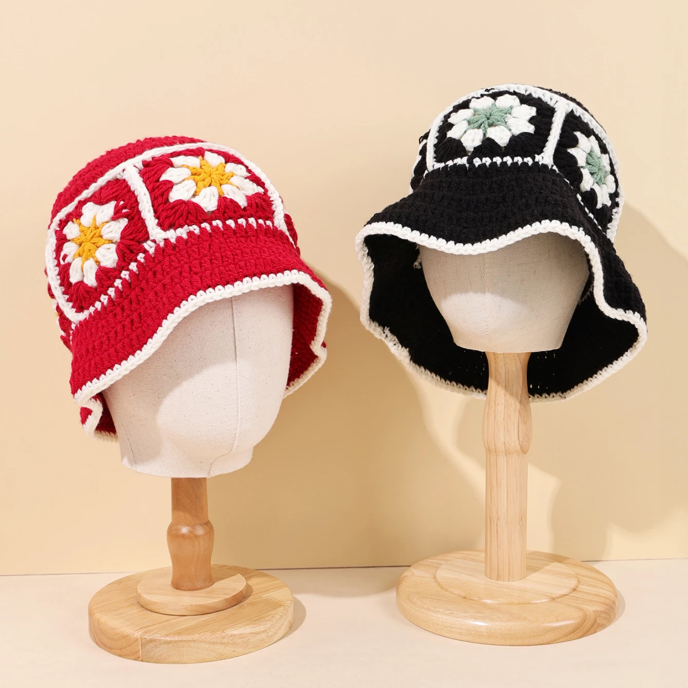 

Autumn and winter warm hollow handmade knitted basin hat for women, retro flower sweet and versatile knitted hat