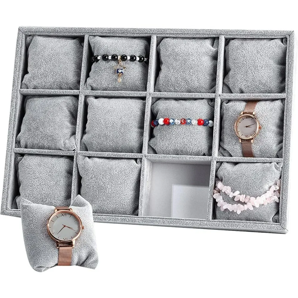 Jewelry Organizer Tray, 12 Grid Watch Bracelet Pillows Velvet Bracelet Display Showcase Stackable Bangle Watch Display Holder