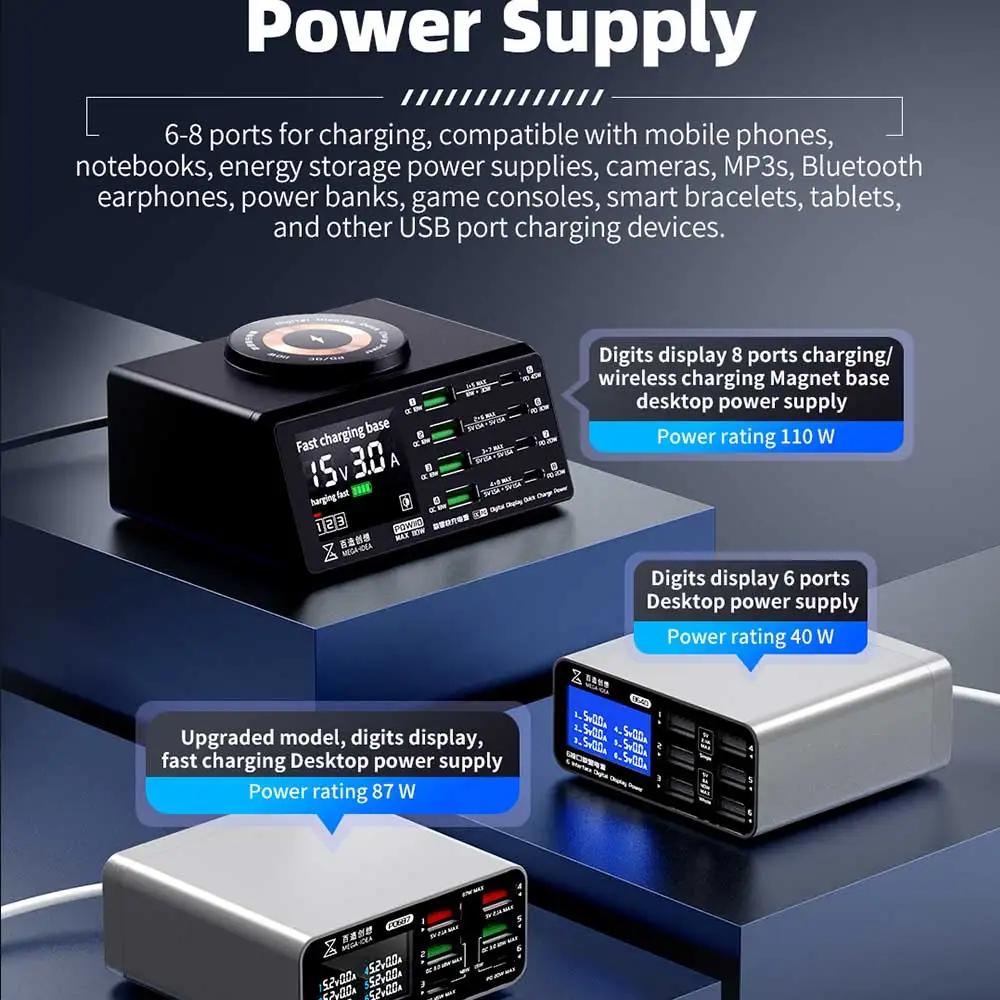 

Qianli Mega-idea Digits Display Desktop Power Supply PQW110 B640 PQ687 Fast Charging Multi-ports Function Smart Protection