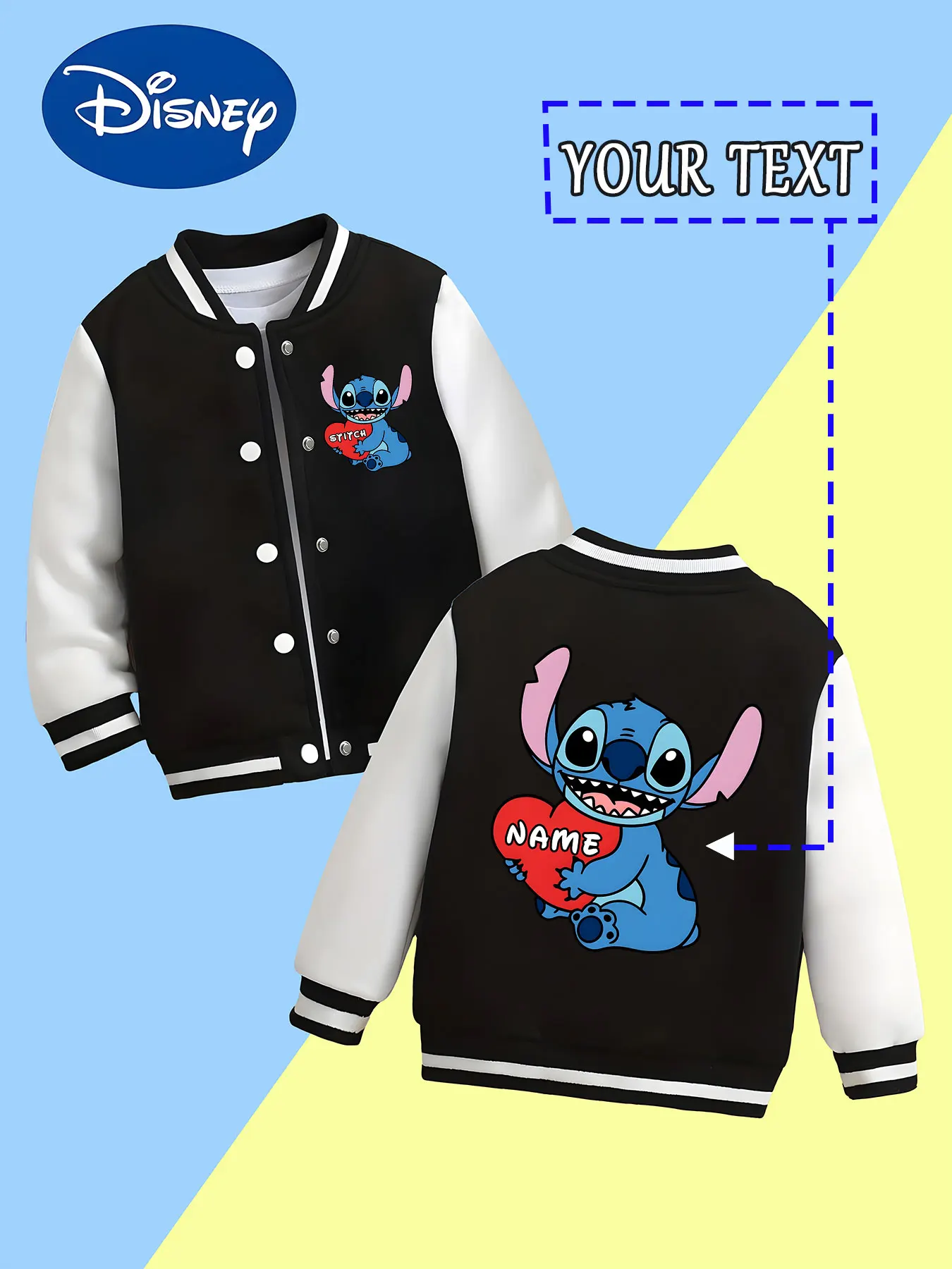 

MINISO Disney Stitch Heart Children's Baseball Jacket - Stitch holding a heart pattern, cute and adorable, perfect for daily sch