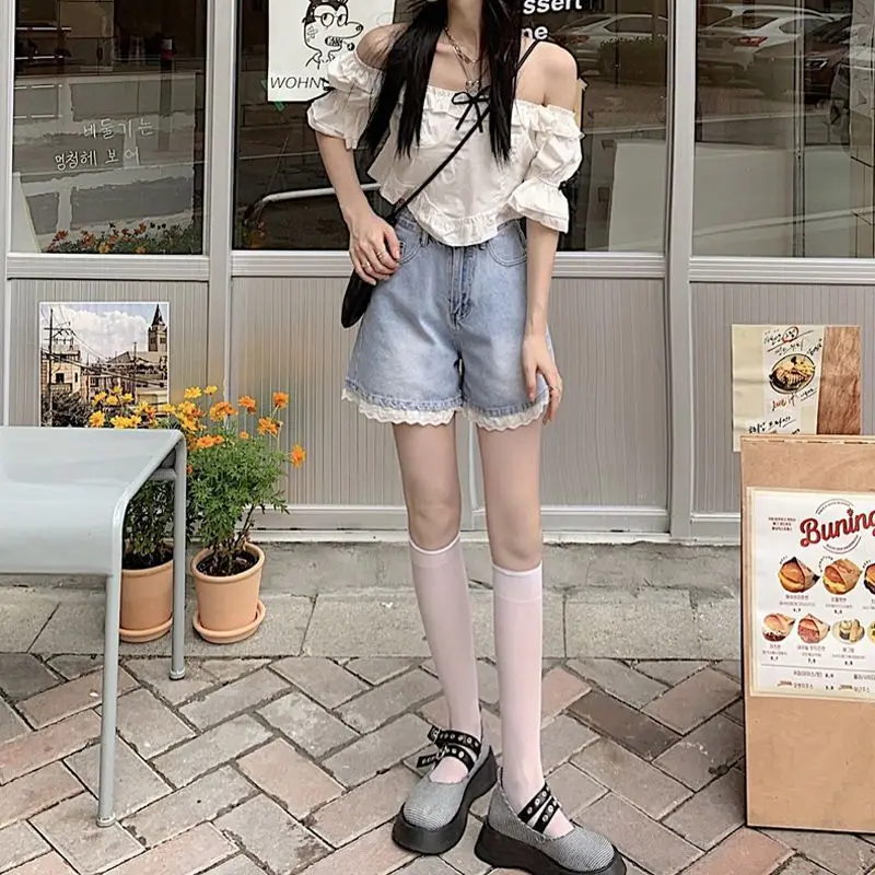 Blue Wide Leg Jeans Shorts Kawaii Lace 2023 Summer Y2k Streetwear Casual Korean Fashion Pants Women Vintage Trousers