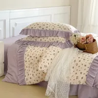 Four-Piece Purple French Double-Layer Yarn Cotton Vintage Tulip Lace Quilt Cover Bed Sheet Plant Flower Printing Breathable 1Pc