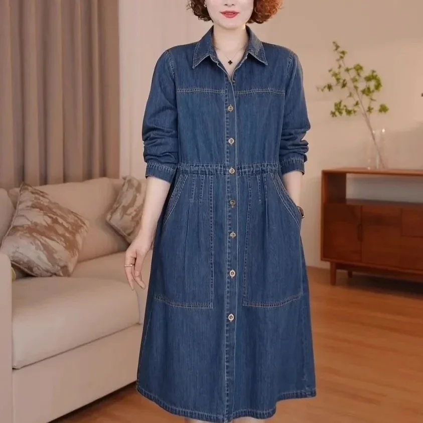 أزياء عارضة قميص الدنيم اللباس الربيع والخريف موسم المرأة الجديدة طويلة الأكمام واحدة الصدر فضفاض XQ318