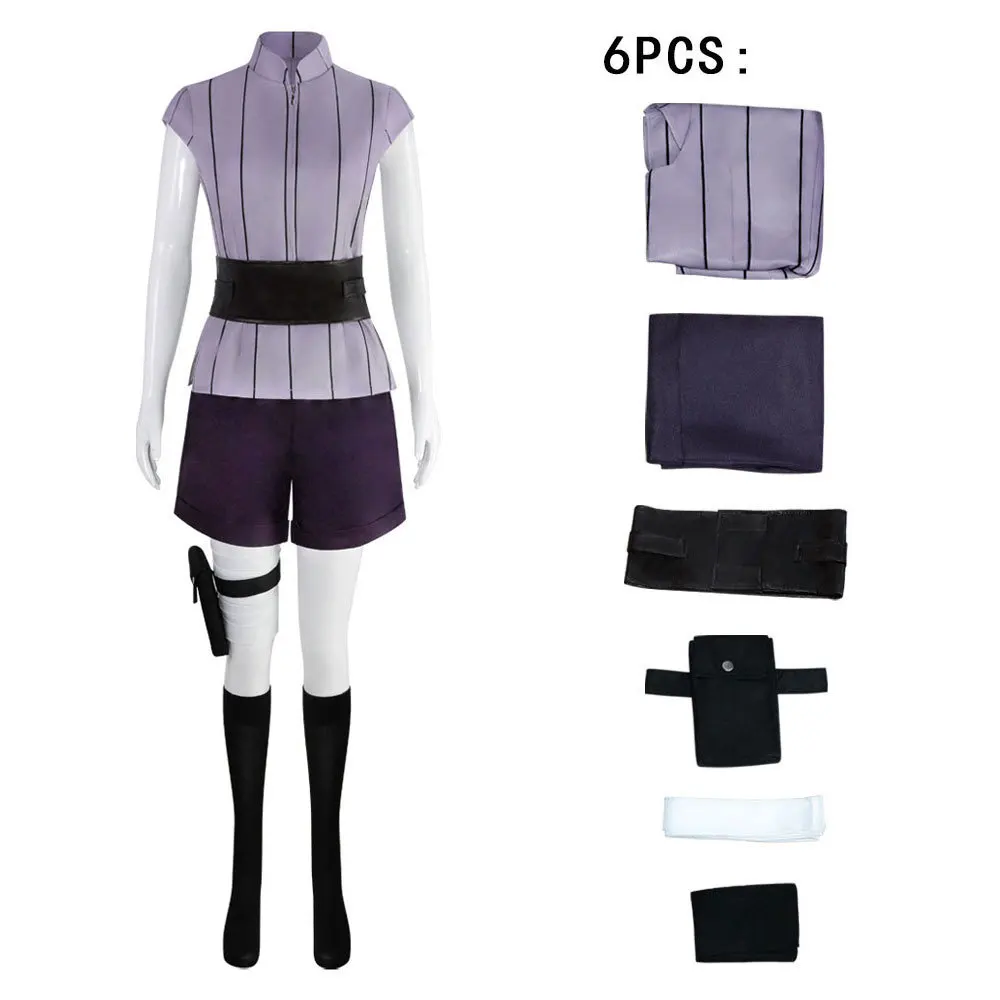 Disfraz de Cosplay de Hyuga Hinata, 6 piezas, Top morado a rayas sin mangas, pantalones cortos, conjunto completo, uniforme de personaje de Anime para mujer, Halloween C