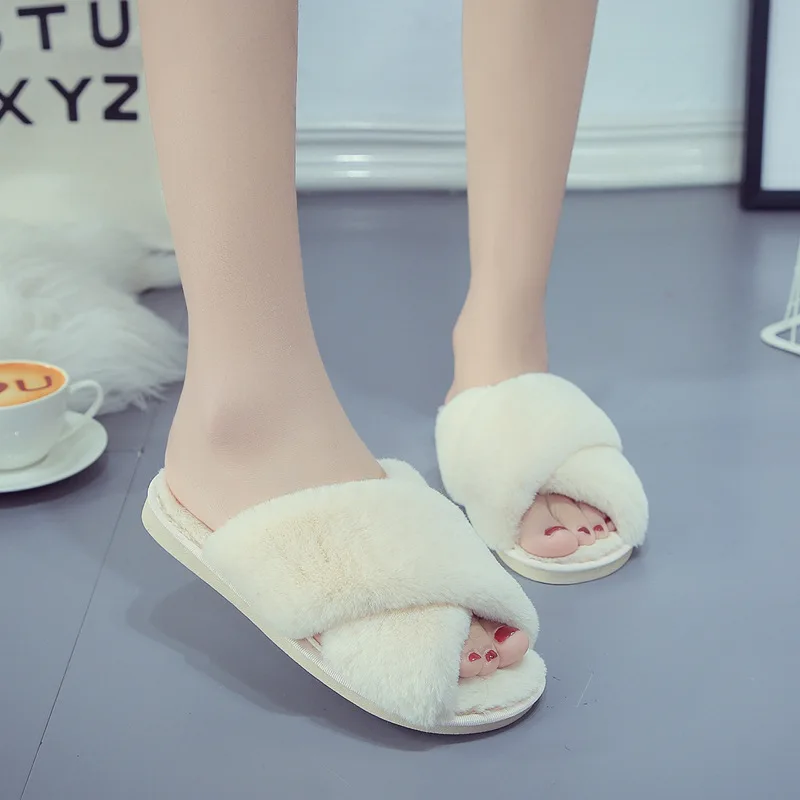 Warm Cute Winter Slippers Women Home Indoor Casual Slippers Female Fluffy Shoes Cross Design Slides Ladies Soft Sandals