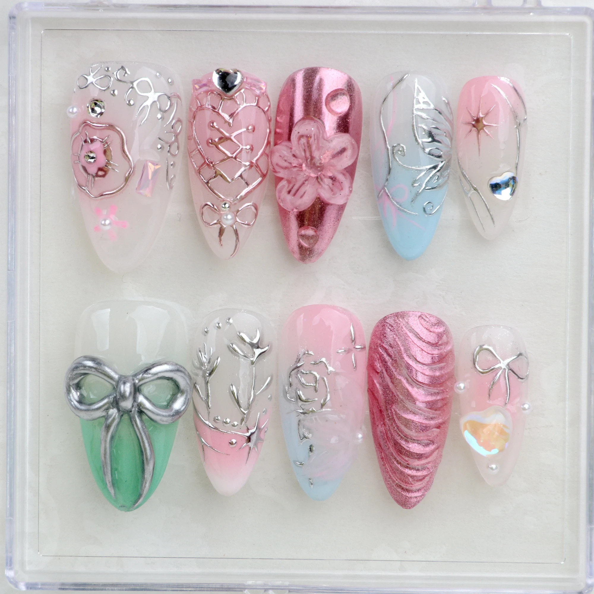 10Pcs Handmade Manicure Medium Almond Fake Nails Unique 3D New Cut bow Flowers Press On Nails Design with Adhesive Nail File Set