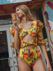 Half Sleeves Swimwear Female Monokini Cut Out Bathing Suit One-Piece Suits Printed One Piece Swimsuit Women Swimming Suit