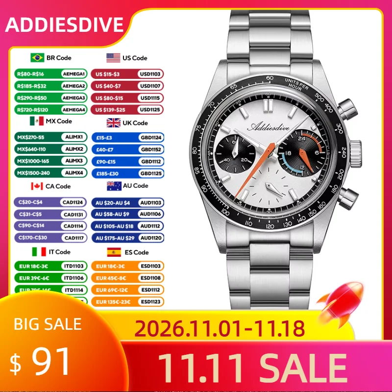 ADDIESDIVE Luxury VK63 Quartz Watches Multifunction Chronograph AR Coating Colorful Reloj Hombre AD2539 100m Waterproof Luminous
