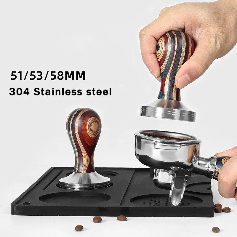 

51/53/58mm 304 Stainless Steel Coffee Tamper Threaded Wooden Handle Powder Hammer Coffee Machine Handle Powder Distributor Set