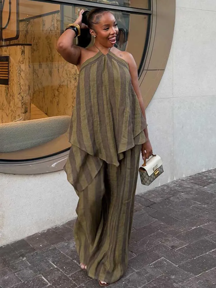 Conjunto de 2 Piezas para Mujer, Top Halter y Pantalones Largos, Precio al por Mayor, Conjunto de Pantalones Verde Oliva, Conjunto de Pantalones para Uso Diario, Conjunto de Pantalones de Verano