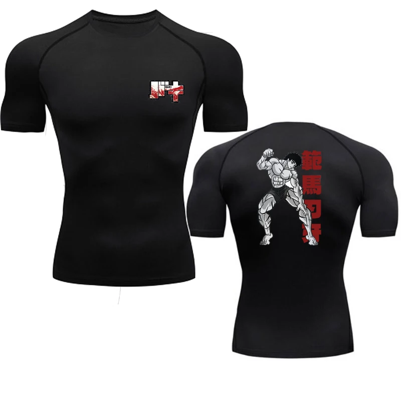 Anime Baki Print Compression Tshirts for Men Gym Workout Fitness Running Summer Short Sleeve Top Tee Quick Dry Athletic T-Shirt