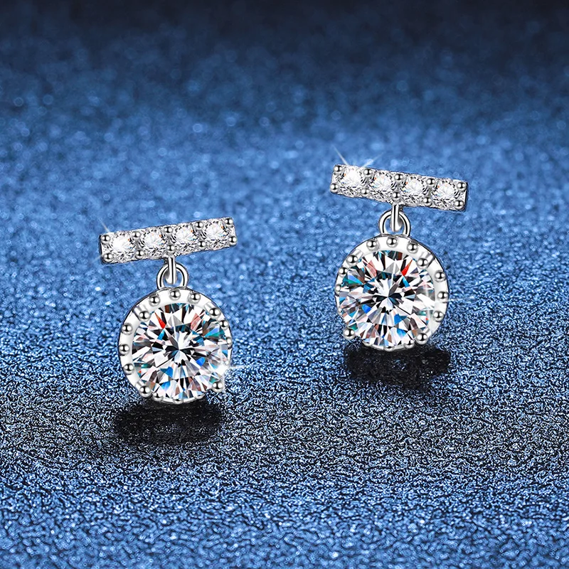 Platinum PT950 18K Gold Earrings Women's Small Tassel Round Package Moissanite Diamond Earrings D Color 1 Carat Moissanite