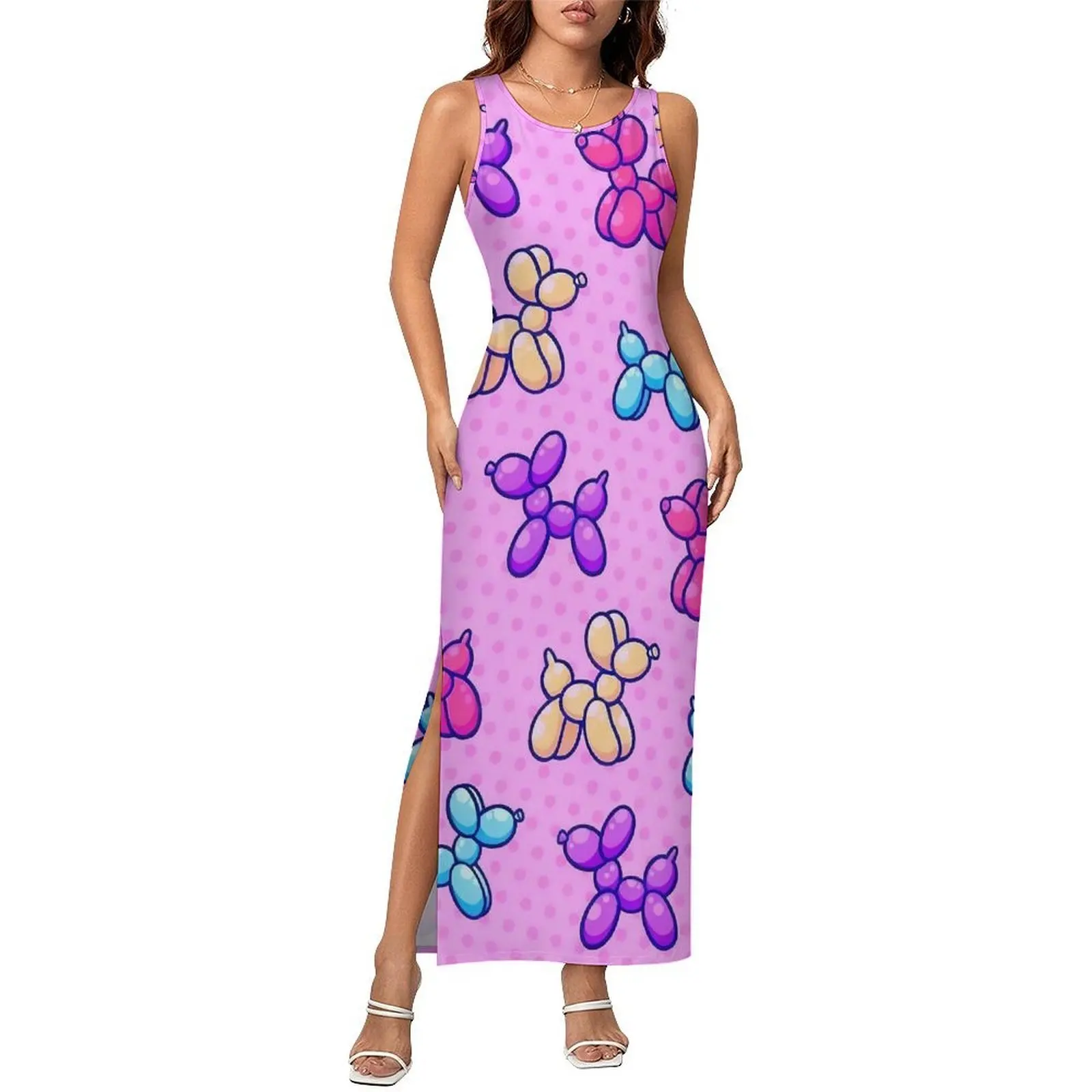 Cartoon Balloon Dog Pink Print Dress Sleeveless  Elegant Maxi Dresses Holiday Y2K Fashion Pattern Bodycon Dress Large Size