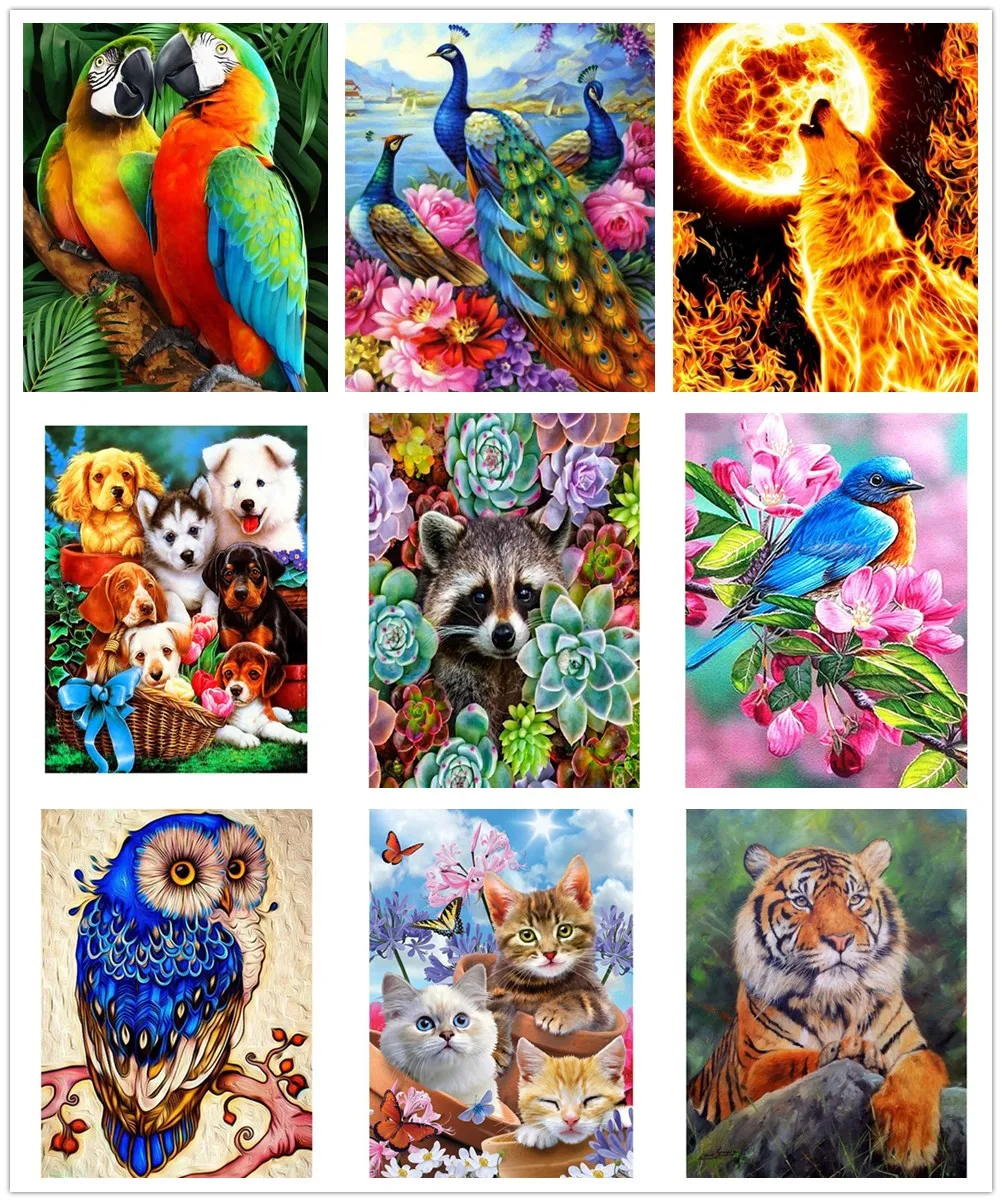 

Colorful Animal Diamond Painting Tiger Owl Wolf Peacock Diamond Embroidery Crystal Painting Mosaic Cross Stitch Wall Art