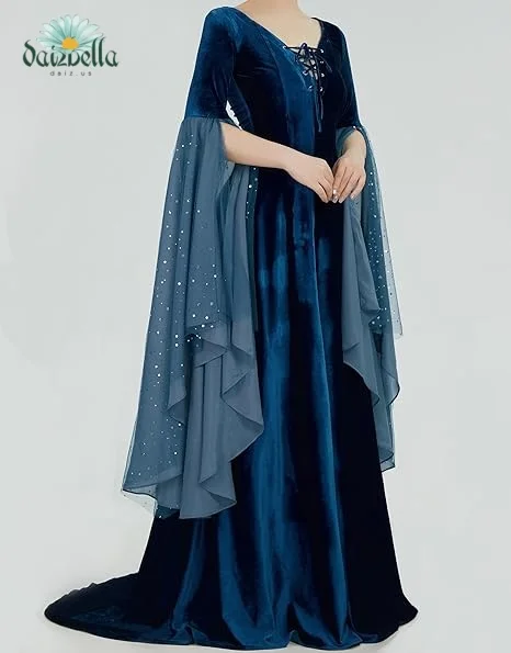 MEOWCOS Halloween Medieval Renaissance Costume Historical Retro Celtic Fairy Velvet Gown V-neck Lace-up Long Sleeves Dress