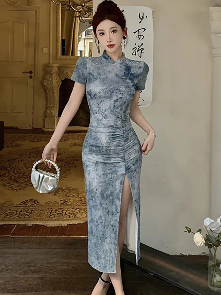 

2024 Korean Vintage Print Pleated Bodycon Midi Dress Summer Short Sleeve Elegant Slit Sexy Dress Women Fashion Chic Party Dress