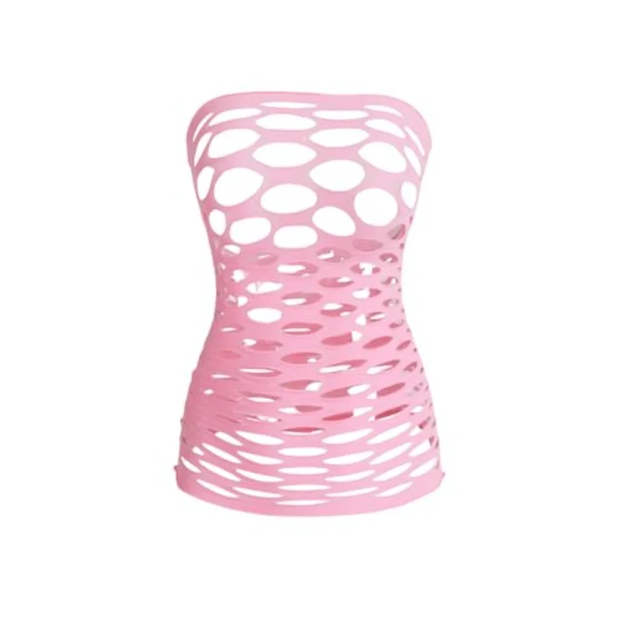 

OYOANGLE Womens Strapless Fishnet Lingerie Sleepwear Mesh See Through Babydoll Mini Dress Tube Chemise Bodysuit
