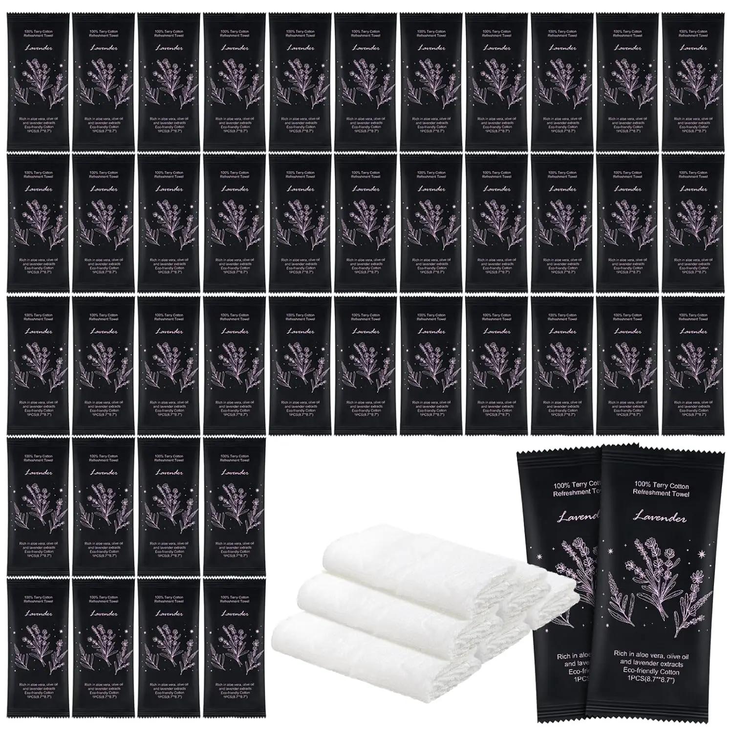

Individually Wrapped Moist Cotton Towels 8.7x8.7 Lavender Scent for Travel Sport Spa Hotel 100 Pack