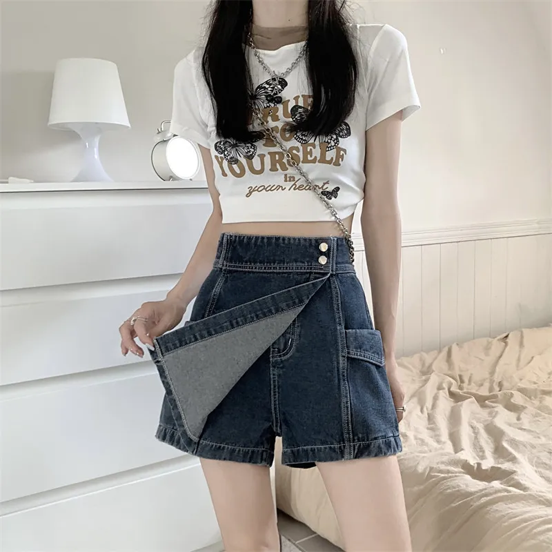 Oversized High Waist Denim Shorts for Women Summer Irregular Fashion Retro A-Line Versatile Skorts Streetwear Chic Pockets Short