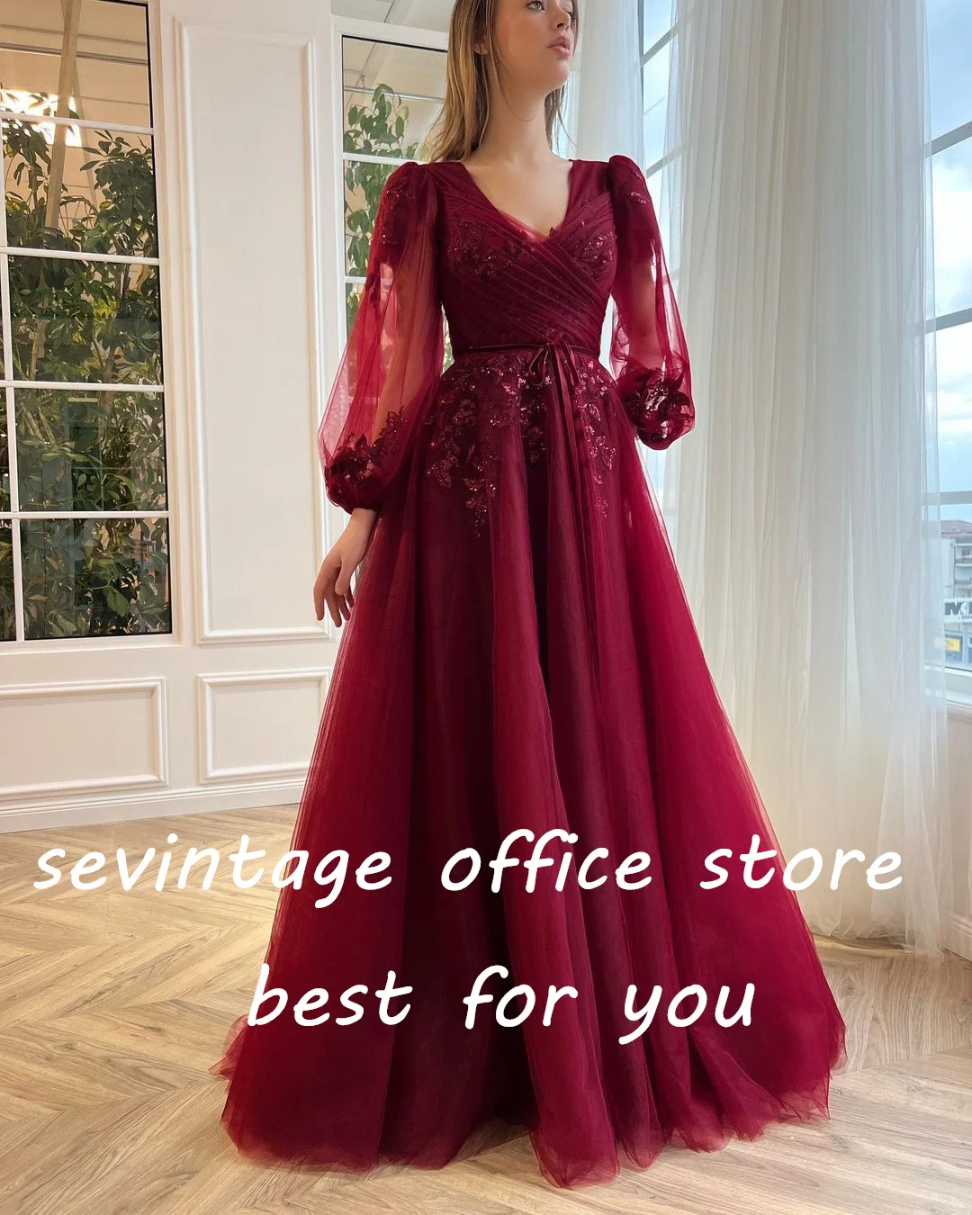 Sevintage Burgundy Lace Appliques Tulle Prom Dresses Puff Sleeves Pleat Ruched A-Line Saudi Arabic Women Party Evening Gowns