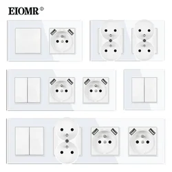 EIOMR GA1 Series French Wall Socket Usb Light Switch Combination Crystal Glass Panel Mounted Triple Wall Outlet Quadruple Socket