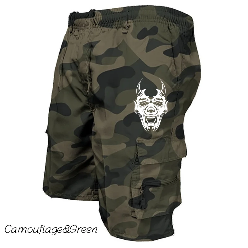 Men\'s Summer Cargo Shorts Casual Pants with Elastic Bands Fashionable Men\'s Clothing Japanese Ghost Face Printed New Workwear