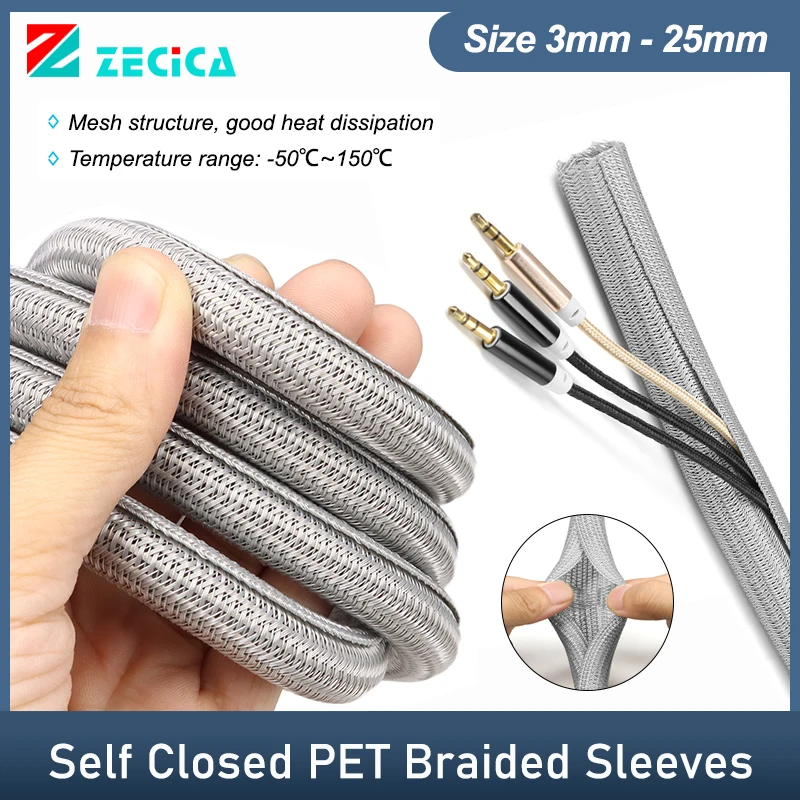 

Grey Self-Closed Cable Sleeves 3 5 8 10 13 16 19 25mm PET Braided Insulated Auto Line Split Loom Wire Organizer Sleeve Sheath