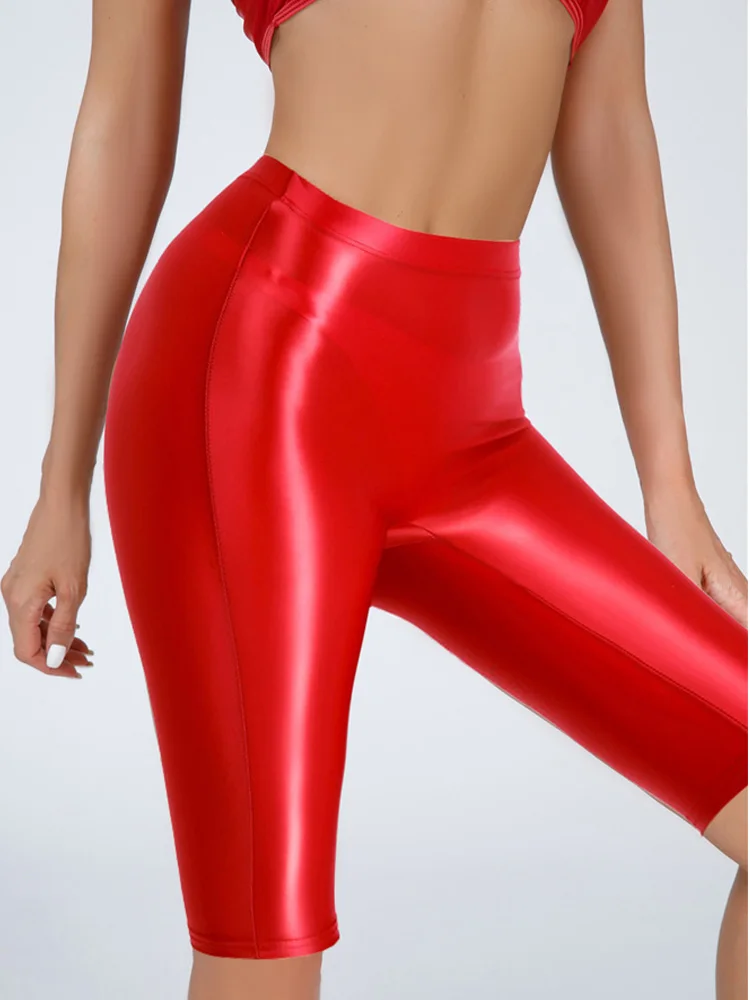 Sexy Women Oil Glossy Shiny Elastic Jeggings Shorts Sheer See Through Soft Stretchy Casual Plus Size Tight Knee-Length Yoga Pant