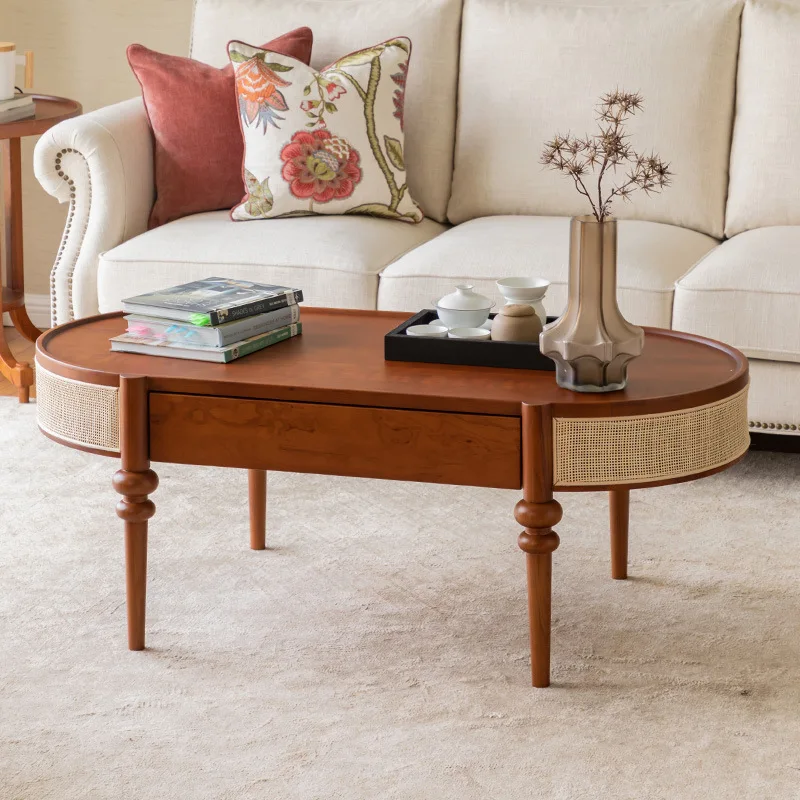 American retro oval solid wood rattan coffee table, drawer storage, small apartment, quiet living room, low table