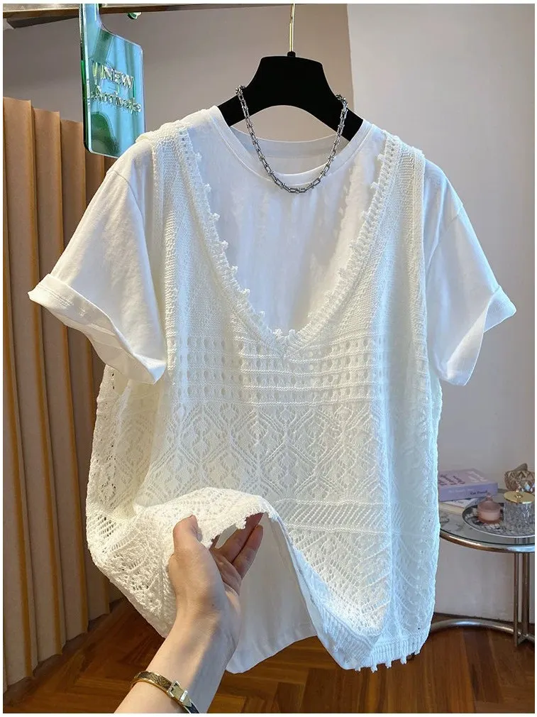 

plus Size Summer Casual Style Short Sleeve T-Shirt Women's Vest Two-Piece Set Breathable High Waist Design Age-Defying Person...