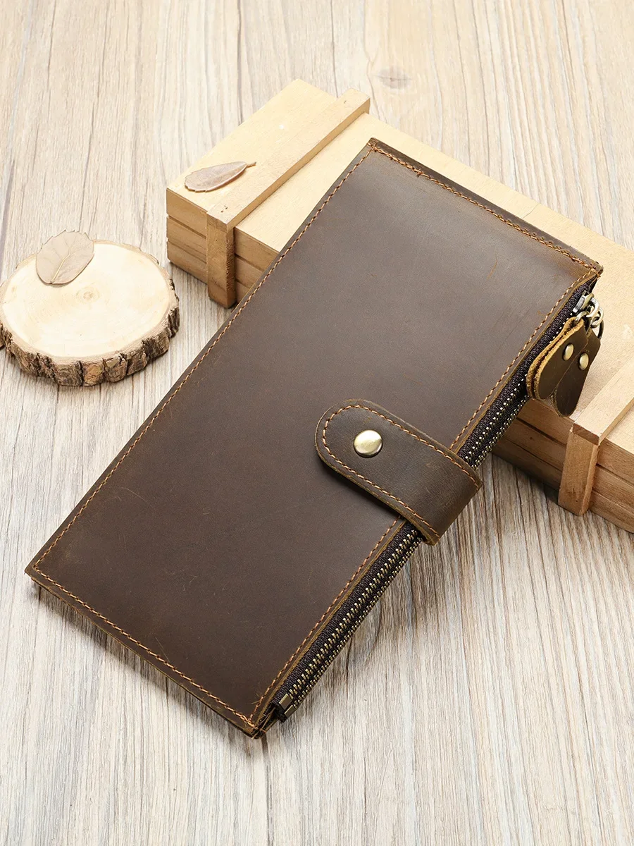 

Crazy Horse Leather Handheld Bag Men's Vintage Multi-card Slot Card Holder Large Capacity Fashion Long Wallet Male