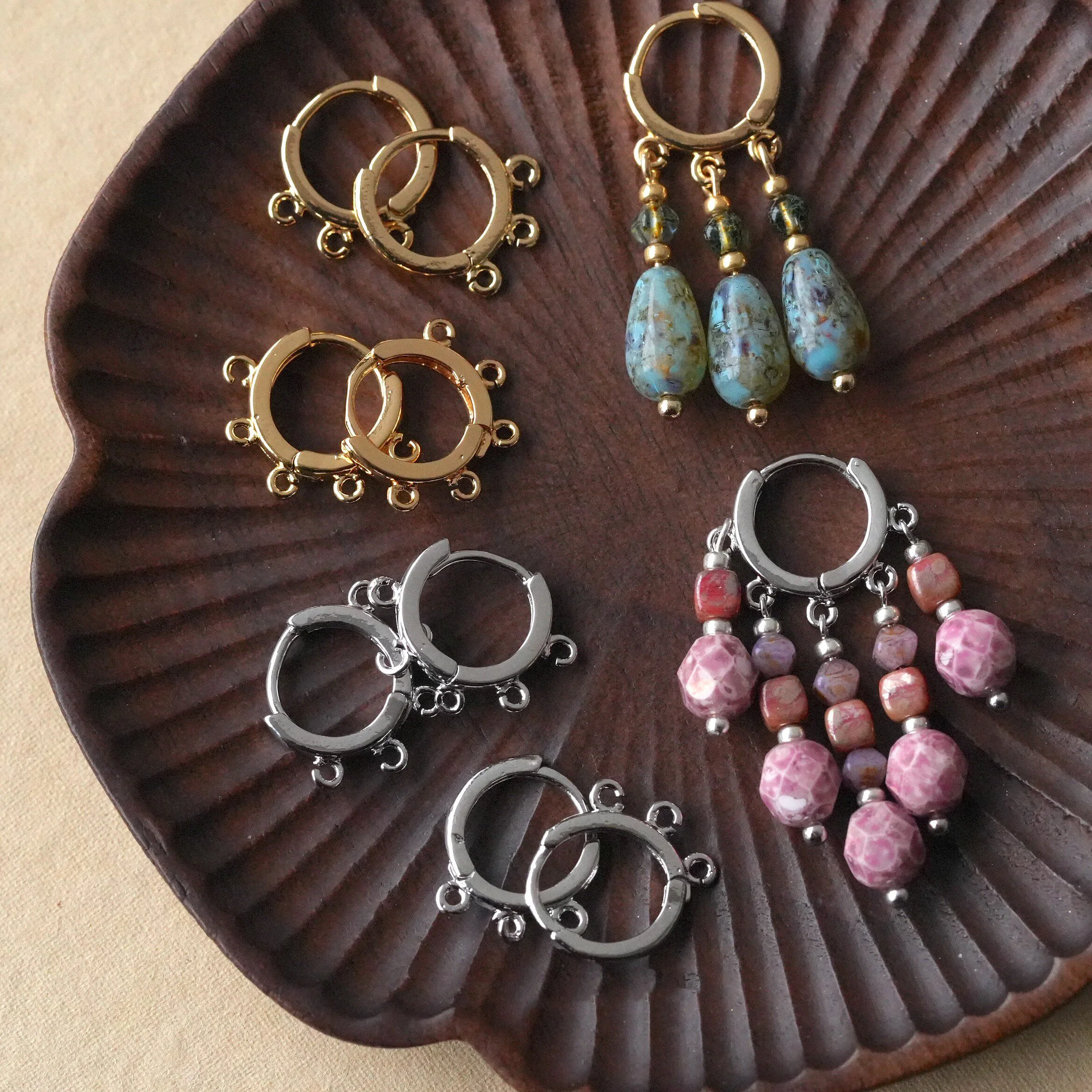 4Pair Brass Gold Plated Three Five Holes Simple Ear Hoop Earrings DIY Handmade Accessories Jewelry Making Supplies